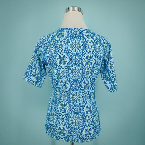 Coolibar Size XS Blue Print Hightide Crew Short Sleeve Sun Protection Swim Shirt - Picture 2 of 6